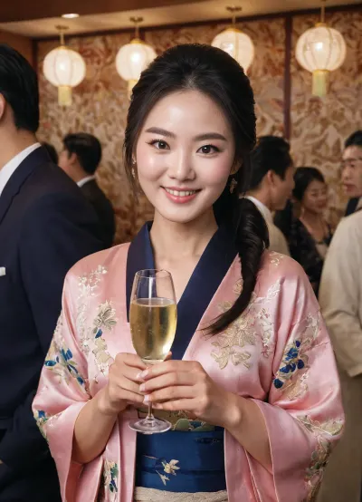 Une femme coréenne vêtue d'un kimono traditionnel et tenant des verres de champagne se tient dans une salle de fête pleine de gens, tous habillés de vêtements coréens traditionnels. Ses yeux sont parfaitement tracés avec l'eyeliner, et elle a des lèvres pleines qui ressemblent à eux