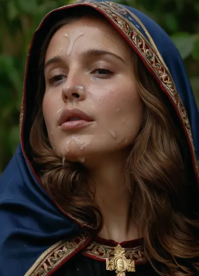 (very cute young the holy virgin Mary:1.6), long brown hair, perfect milf face, ((((wearing in traditional religion cloak the holy virgin Mary)))), sitting on the bench in the garden of Eden, catholic religion, (face covered in loads of semen:1.3), face glazed with cum from a lot of men, (((cum in hair, cum on the forehead, cum on eyes, cum on the nose, cum on cheeks, cum on mouth, cum dripping off chin))), close-up