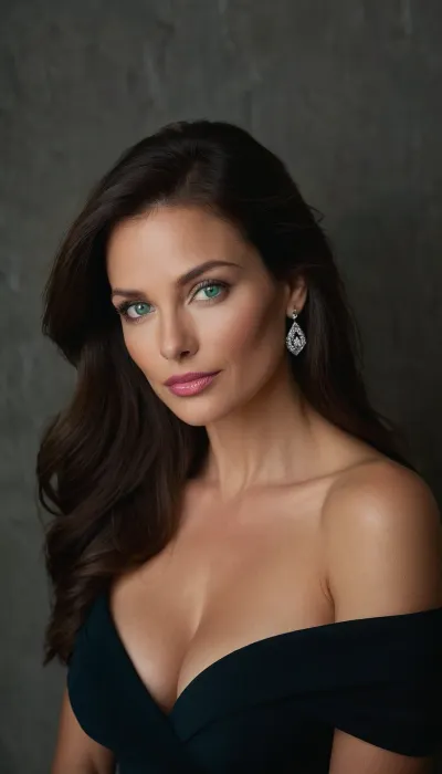 La donna nel ritratto ha 45 anni, con lunghi capelli castani scuri e occhi blu-verdi sorprendenti. Ha un sorriso caldo e professionale e trucco degli occhi che enfatizza i suoi grandi occhi. Il suo trucco dovrebbe sottolineare la sua bellezza naturale e l'elegante semplicità di