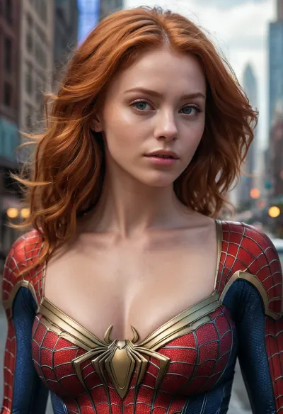 woman, Alien-themed Closeup fullbody portrait of 18YO female Spiderman, ginger hair, city, intricate background, atmospheric scene, masterpiece, best quality, (detailed beautiful face, detail skin texture, ultra-detailed body:1.1), fantasy, feminine+, shiny wet skin, looking at viewer, modelshoot style, (extremely detailed CG), photo of beautiful artwork, High Detail, Sharp focus, dramatic+, (photorealistic), Intricate, handsome, . Extraterrestrial, cosmic, otherworldly, mysterious, sci-fi, highly detailed, tits exposed, torn, fly, down, at, _______, <lora:tornclothesv6-8:.5>