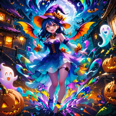 Halloween party, girls playing with ghosts, <lora:princess_xl_v2:.5>, <lora:SDXLFaeTastic2400:.5>