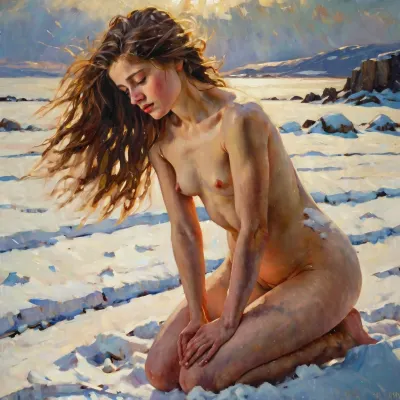 Closeup Painting of a 19 year old woman naked kneeling in the snow begging with folded hands.

William McTaggart Style, Oil Painted Poetry, face visible, Cinematic, dramatic, <lora:William McTaggart Style:1>