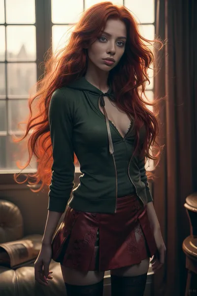 long red head hair, realistic, realism, photorealism, photo-realistic, high contrast, (photorealistic:1.4), 8k high definition detailed realistic, (best quality, masterpiece:1.2), NSFW, photon mapping, radiosity, physically-based rendering, best quality, highly detailed, Alice from Wonderland in a very short skirt and lacy black stockings, green eyes, upper body, standing, sky, street, store, looking at the viwer, hoodie, 111cine8matic55, <lora:CineStyle5:.5>