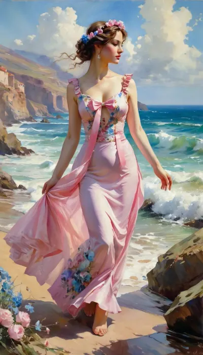 woman in beautiful dress with bows, pearls and butterflies anf water wings, blue, pink flowers, watercolor, sesar Infinitely regressing coastal landscape with waves and clouds, garmash, painting, Abram Efimovich Arkhipov, Adolph Menzel, Alayna Lemmer, Albert Robida, Atelier Olschinsky, Ayami Kojima, Carne Griffiths, Charles Dwyer, colorfull, painting by Daniel F Gerhartz