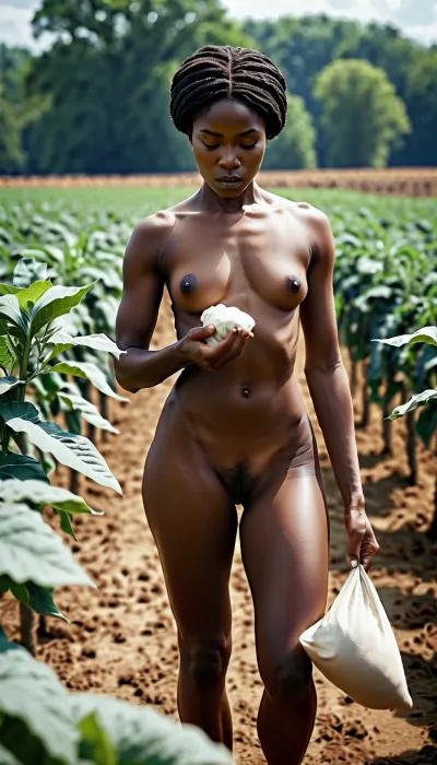 La schiava nuda nera stava raccogliendo cotone in una fattoria, indossando un bikini rosso e la sua pelle brillava di sudore. Ha lavorato sodo, ma ha amato la sensazione del cotone nelle sue mani e l'odore del cotone appena scelto