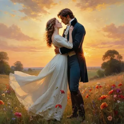 La pintura de Hans Makart representa a una pareja joven en un campo, al atardecer. La pareja está profundamente enamorada y está a punto de besar. La pintura es increíblemente alta calidad y se ha generado utilizando la última tecnología AI