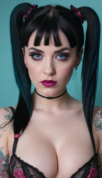 Una ragazza goth di 24 anni con unghie finte lunghe, all'età di 24, code gemelle, molti tatuaggi, piercing labbra e occhio magenta make up era disperato per il vostro sperma per coprire il suo volto in flussi spessi di sperma caldo