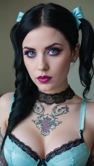 Çok sayıda dövme olan 24 yaşındaki bir kız, magenta göz makyajı ve uzun sahte lashes porno resmi için hazırdı. O mavi gözlere sahipti, eğrilerini kucakladı ve siyah bir saç saçları vardı