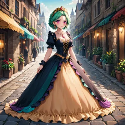 A digital illustration showcases two identical female characters dressed in ornate Victorian-style gowns, set against an outdoor cobblestone street backdrop during sunset or dawn. The character on the left faces slightly to the right with a slight smile, while the one on the right faces slightly to the left with a gentle smile. Both wear black dresses adorned with intricate gold embroidery, puffed white sleeves with ruffled cuffs, and elaborate lace details. The left dress features a prominent pink gemstone at the center, surrounded by gold trimmings, while the right dress has a central red rose embellishment accentuated by silver beading. Their outfits are complemented by black hats featuring wide white lace trims, colorful brooches, red feathers, and decorative tassels. Elegant drop earrings with teal stones and delicate pearl necklaces complete their attire. The background reveals a stone-paved street lined with classic lanterns emitting a warm glow, casting soft shadows and highlighting textures of both the figures and surroundings. The scene is bathed in natural daylight, creating a bright, well-exposed environment that emphasizes the regal atmosphere of the illustration. The overall composition captures a serene and elegant mood, with high contrast and saturation enhancing the visual appeal of this historical-inspired setting.