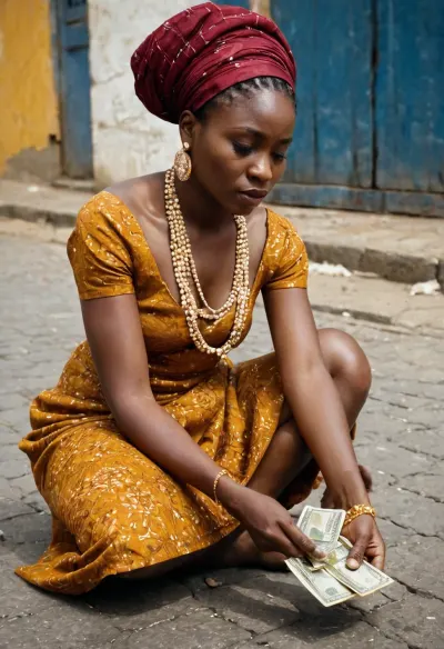 Yoruba whore, on the street, picking up money from the pavement
