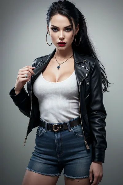 A classic suit with modern grunge elements, hyper detailed hyper realistic stunningly beautiful woman dressed in modern grunge fashion merged with classic tailoring style from head to toe, grunge makeup and accessories, classic suit accents with grungy flair, in the style of eve ventrue, 2d game art, clamp, porcelain, high-contrast shading, Common, jacket, jewelry, earrings, blue, sleeves, past, wrists, long, white, shirt, necklace, Girl, In, Jean, Shorts, d3n1m, jeans, skirt, dress, bikini, swimsuit, short, 1girl, black, leotard, side, cutout, cleavage, bare, arms, highleg, corss-laced, clothes, denim, shorts, <lora:Common1:.7>, <lora:412110_training_data:.4>, <lora:d3n1m:.1>, <lora:denim bikini:.3>, <lora:black_latex_bodysuit:.5>