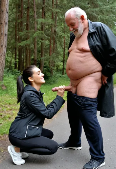 young cute thin 28 year old italian woman is on a walk in a forest and see an very old fat who masturbating, she decided to help him with his dick an give him an nice hard blowjob, ((background is a forest street)), ((1 very old fat man white long beard and short hair is smiling:1)), ((sporty small 28 year old slim ass supermodel darkhaired woman with sportdress:1)), woman supermodel body, (very old fat man standing near the street), ((slim instagram model with black haired ponytail)), (((woman in a squatting position in front of the very old man:1))), (((woman is giving a handjob to the very old fat man with short hairs penis))), short dick, masterpiece, 4k, high details, realistic eyes, full view, dark hair, view from the side, ultra high res, 8k uhd, dslr, high quality, (highly detailed hair), masturbating, realistic penis, short penis, fat cock, big balls, (woman in full jogging clothes:1), (old fat man in black trenchcoat his pants pulled down), woman handle his dick in her hand, full view of both persons, very old fat mans hand on the womans tits, realistiy eyes, closed eyes, slim babe, high detailed licking, (old man is smiling:1), (woman is complette dressed:1)