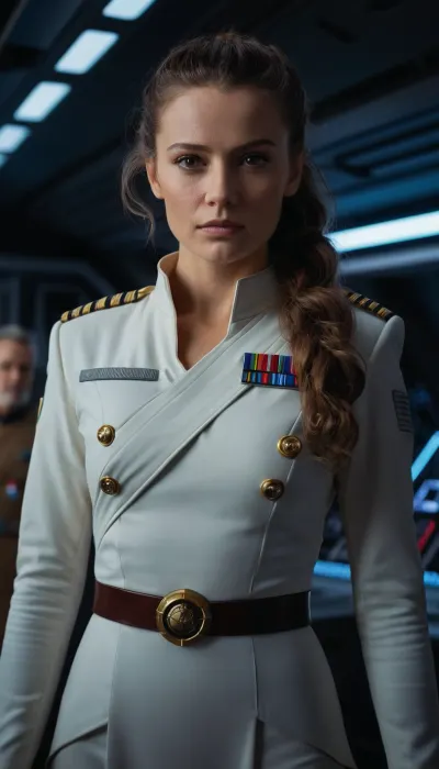 The photo of Admiral Daala from Star Wars is a full body shot with perfect focus and depth of field, taken on an Canon EOS R5 with a 75 mm lens