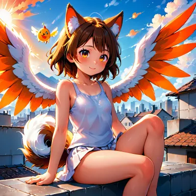 那个长着翅膀的小女孩坐在屋顶上,看着天空。 她有棕色的头发,穿着白色的坦克顶. 她的同伴是一只小而毛茸茸的白色动物,被她抱在腿上. 背景介绍