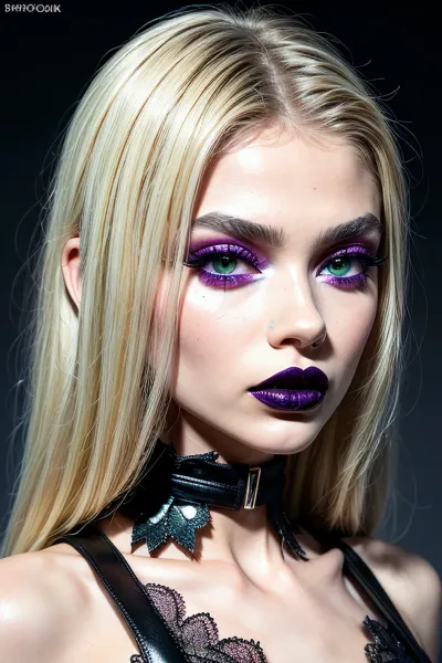 Um modelo sedutor de 18 anos com características cutie de petite natural e rosto simétrico está posando para uma sessão de fotos de alta qualidade. Ela está usando um vestido vermelho / roxo sexy que acentua suas curvas e destaca seu voluptuoso