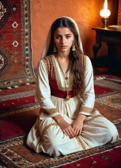 19 세기 동양 예술가의 전통 스타일에 카펫에 앉아, 메이크업 없음