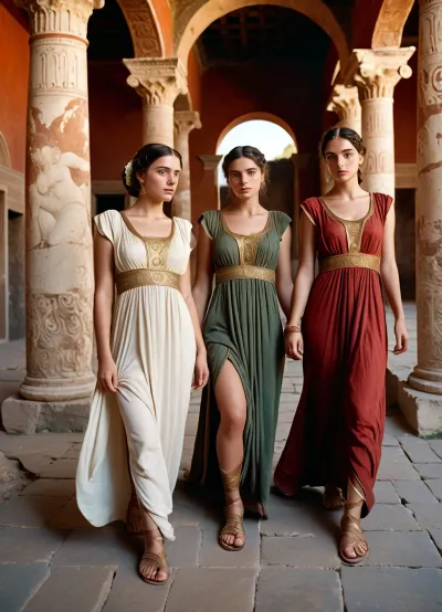 Die drei Brünette Mädchen in ultra-realistischen photorealistischen Bildern tragen schöne römische Kleider und hohe Fersen, die im Haus von Menander in Pompeii stehen. Sie nehmen sich mit Hilfe der KI-Technologie ab und erzeugen eine hohe Auflösung