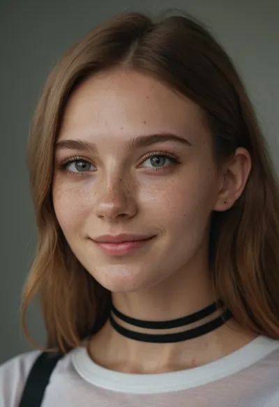 focus on upper body, upper body close-up, looking at camera, freckles, dimples, young beautiful Ukrainian model 25 years old, skinny, (bright egirl makeup), (youth e-girl style tight T-shirt), choker, (highly detailed face:1.3), hair tucked behind ear, eager smile