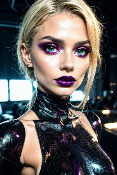 O modelo jovem e bonito na imagem está usando uma maquiagem provocativa e maquiagem sedutora. Tem longas pestanas e uma face simétrica com olhos verdes perfeitamente destacados. Seus lábios são vermelhos e perfeitamente moldados, fazendo-a parecer um perfeito 