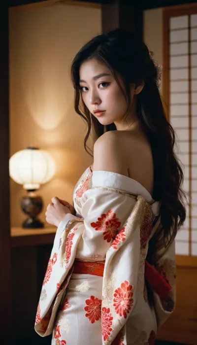 Una timida ragazza giapponese, con i capelli lunghi e la pelle morbida, ha lavorato come una prostituta in un kimono sgargiante. Era sempre nervosa di spogliarsi davanti agli altri, ma voleva essere vista come più di