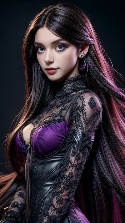 Das Mädchen im Portrait trägt eine Spitze Untergarment mit einer großen Spitze Overlay, wodurch eine fast 3D-Effekt. Ihr Haar ist in einem hohen Ponytail, und sie hat dunkle violette Spitze Unterwäsche auf. Ihre hellen blauen Augen sind perfekt