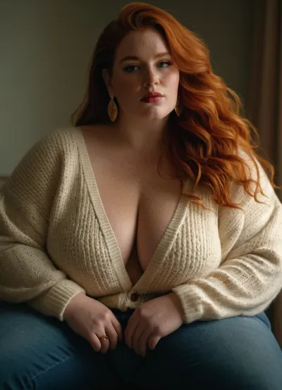 Mature, oversized ssbbw. Oversized thick thighs and oversized wide hips. Oversized wide sweater. Natural ginger hair, long length hairstyle. Freckles on face. Long eyelash. Busty lips, lipstick. Tight jeans. Big earrings. Seductive posing.