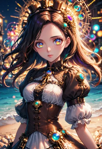 A steampunk screenshot of a girl wearing andress on a beach at night. Looking at viewer, beautiful detailed eyes, bokeh, depth blur . anime style, key visual, vibrant, studio anime, highly detailed