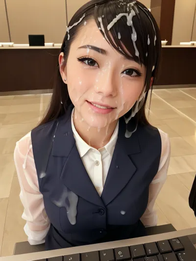 Lüks otel odasında çalışan Japon resepsiyonist, klavyesini yazarken yüzüne boşalma eylemiyle yakalandı. Kameraya baktıkça yüzünde kocaman bir gülümseme vardı, saçlarından döküp saçlarından kopardı