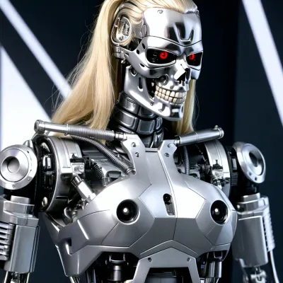 sexy blonde robot, huge tits, beautiful face, T800Endoskeleton, robot, with, a, metal, skull, face, chrome, body, holding, gun, futuristic, shooting, lasers, <lora:T800Endoskeleton-10:.5>