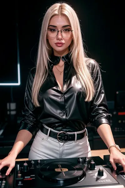 ollared shirt, PA7_Photo, Cinematic still, ((Gorgeous)), Middle Eastern, mid-twenty, woman, Medium hair, Straight hair, Platinum Blonde hair, Prominent eyes, Brown eyes, Glasses, Pouting lips, Glossy lips, Diamond face, Retro makeup, Seductive smile, Slender body, Feminine, DJing pose, playing on turntables, in a nightclub, silky satin Button-up blouse, Bell-bottom black jeans, Belt, LED strip light, neon lighting, Glow, silver sparkle Graffitied backdrop wall background, Fujifilm X-T4, 100mm prime lens, Full body shot, BREAK PA7_Portrait-FL, Eye level, Centered composition, Fujifilm Pro, Film grain, PA7_Enhancer-04, (((PA7_Human-Likeness))), <lora:AdvancedEnhancer:1.5>, <lora:add_detail:.5>
