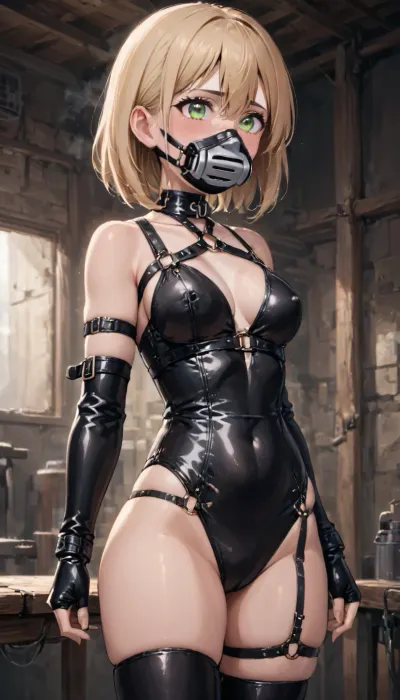 A girl, Muzzle Gag
Description, A leather or fabric cover that wraps around the entire lower face, often with straps securing it at the back.
Purpose, Completely restricts speech and adds a sense of confinement or sensory deprivation.