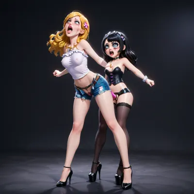 A tall Barbie doll is being fucked by a short one wearing a mini jean shorts and strapon