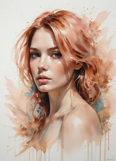 A mesmerizing portrait of a woman by Agnes Cecile, reimagined with luminous design and pastel hues. Copper brush strokes dance across the canvas, ranging from light rose gold to deep bronze and hints of greenish-blue. These strokes create a partial frame, accentuating the woman's features with delicate highlights on hair and facial contours. Sweeping copper strokes in varying opacities add depth and movement to the background, seamlessly blending with existing ink drips. Textured brushes mimic real copper paint, alternating between thin and bold strokes for visual intrigue. The copper elements interact with autumn lights, catching and reflecting luminous highlights. Pastel colors and ink drips harmonize with the metallic accents, creating a multi-layered, tactile experience. The final piece balances luminous qualities with copper elegance, resulting in a breathtaking fusion of traditional and contemporary artistic techniques.