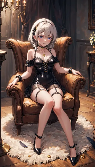 The girl is reclining on a chaise lounge, wearing a short, high-waisted leather skirt and strappy heels. Her hair is styled in loose waves, and she has a delicate choker with a dangling ruby pendant. A small