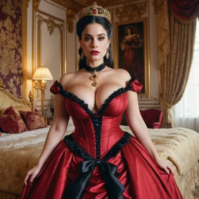 Die Königin, eine schöne und kurvige Frau mit mehreren Frauen um sie herum, wurde in einem luxuriösen roten schwarzen und goldenen Kleid gekleidet. Sie hatte enorme Brüste, die schien aus der Oberseite ihres Kleides zu verschütten, so dass es schwierig für jedermann, die
