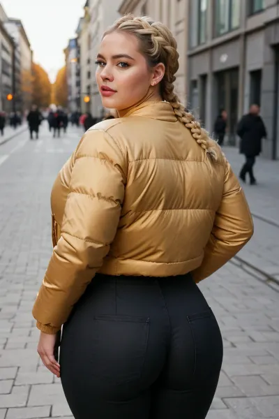 Very plus-Sized 30 yo Berlin Girl, blonde braids, tight high waist trousers, curvy body, bbw, broad shoulders, fat ass, thick cropped down puffer jacket, Full Body Shot, back shot, high heels, model face, pretty detailed face, short upper body, busy street in Berlin, bright autumn sunny day, <lora:baggy_jeans_v0.9:.6>, jacket, <lora:puffy_jacket-1.0:.5>