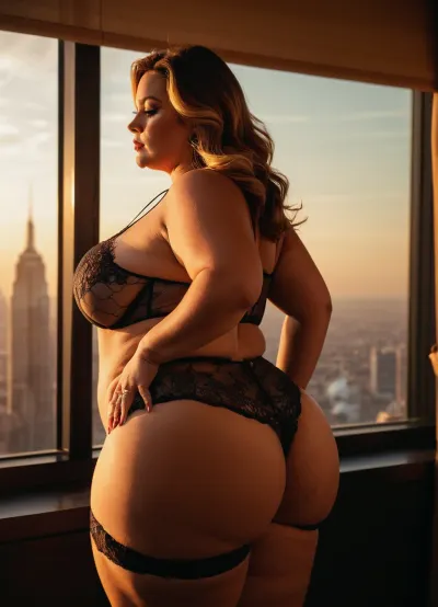 Um sexy e sedutor Milf com seios grandes e uma roupa de lingerie renda fina, posou em um quarto luxuoso com vistas deslumbrantes do horizonte da cidade. A foto foi tirada de um ângulo lateral, mostrando-lhe coxas grossas de grandes dimensões e