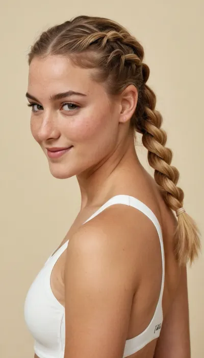 ((Jodi Taylor full figure)), pretty, 23 year old volleyball player, short athletic figure, dirty blonde with french braids and freckles looking over her shoulder, smiling, joditaylor, <lora:joditaylor:1>, <lora:nene2:.4>