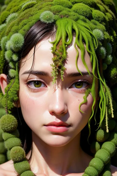 照片真实地描绘了一张脸 慢慢地长得过长 上面有苔藓和花朵