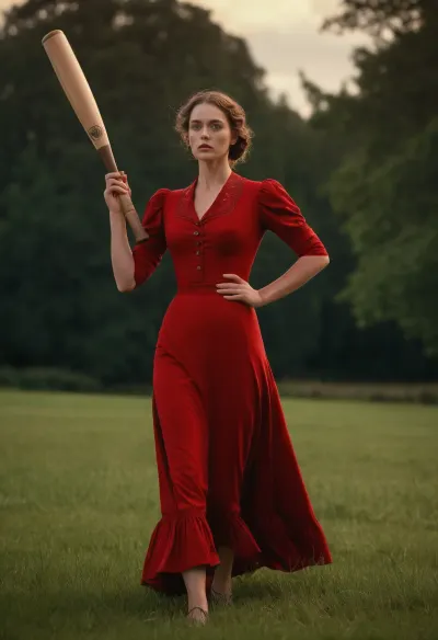 victorian era lady playing holding a vintage cricket bat striking a cricket ball in mid air, in a red dress with a skirt tailored for fast movement, in a neatly cut grass field, forest in the back, she has a beautiful and serious face of concentration, redish hair, green eyes, other victorian women in the back with similar dresses, beautiful, high detail, hyper realistic, octane render, unreal engine, digital art, deviantart artstation, ray tracing