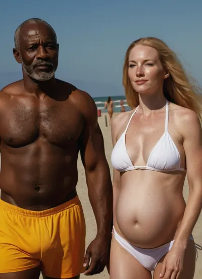 Le couple, un grand homme africain musclé et sa superbe femme blonde, marchaient sur la plage quand ils ont repéré un groupe de femmes bikini-clad. Ils se sont approchés et ont demandé s'ils voulaient se joindre à eux sur leur photo de groupe bimbo