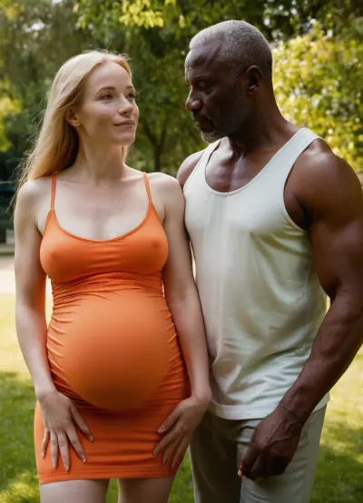 Extreme beautiful stunning white pale skin French freckled bimbo model 20yo, tall, micro orange and mint summer dress, pregnant, long perfect eyelashes, perfect bimbo body, perfect bimbo face, perfect bimbo huge milking breast, long straight blonde hair, bimbo make-up, wide hips, high heels, masterpiece, full body, (walking with her husband a dark muscular old African man 50yo with sport outfit), at park, happy interracial couple