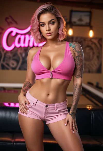High detailed, woman fully tattooed, Chicano style tattoos, wearing a top, Chicano styled, swag, babe, gorgeous woman, wearing streetwear from the ghetto, graffiti style, neon pink, super detailed fine lines, 25 Year old woman, portrait, full body, (full portrait), photorealistic, (hyper realistic), photorealism, hyperrealism, (ultra realistic), (8k resolution), (ultra-detailed), (Instagram model), (professional photography), (masterpiece, best quality), (same color eyes, symmetric eyes, matching eyes, detailed eyes, detailed pupils), ripped shorts, athletic physique, 1girl cute tall very busty american woman, 23 years old, green eyes, pale, huge boobs, slim, high detailed skin, 8k uhd, dslr, high quality, detailed skin texture, highly detailed hair, sharp body, highly detailed body, realistic, soft focus, insanely detailed, highest quality, skin pores, skin imperfections, pixie cut, full body view, seductive, glowing hair, sexy legs, high resolution photography on a canon camera, friendly, flirty, pink air