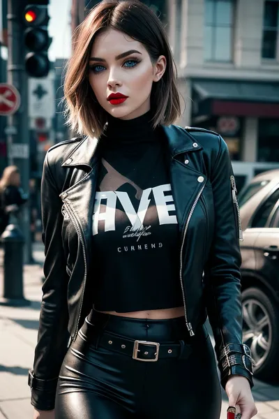 Eve Venture是一位时尚偶像,在人群中露出她惊人的蓝眼睛和红唇,辅以经典的grunge化妆品和饰品. 她的长发在光亮的蓝色的波浪中 沿着她的背向下延伸 而她的特制