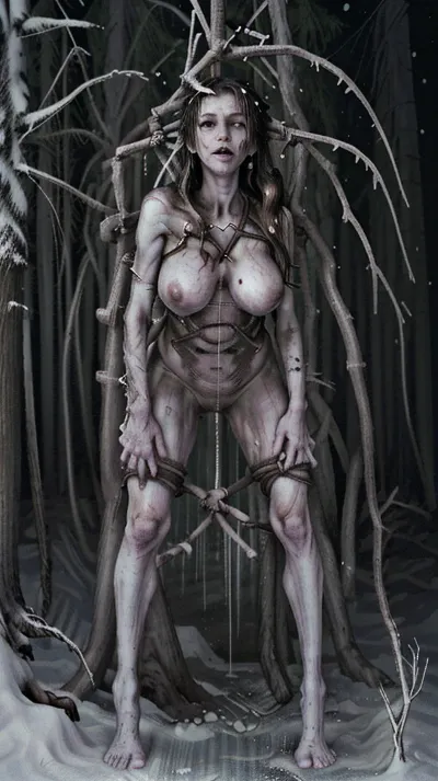 (shibari bound by rope), (in a dense forest during winter), nude body, (feet of snow), (actively snowing), (suspension bound:1.2), (frozen wet hair), (snow on skin), captive, Submissive, ((full body in frame)), big breasts, big ass, ambient light, realistic, cinematic, (((disheveled hair))), American Brazilian Italian Finnish, brunette hair, NightScapes, by, vergvoktre, <lora:bondageSuspension_v11:1.1>, <lora:BizarreV1:.5>, <lora:creepy:.5>, <lora:Reel_WHorror_1_2_9_ReWo_n:.5>, <lora:bloodvessel:.5>, <lora:vergvoktre_finetuned:.5>