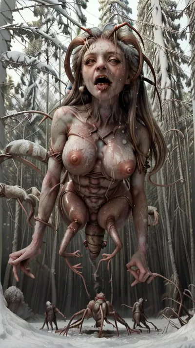 In a dense forest during winter, the AI generated a full body in frame with big breasts, big ass, and nude body. The captive was bound by rope and in a snowy environment. The parasite transformed into an American Brazilian Italian Finnish NightSc