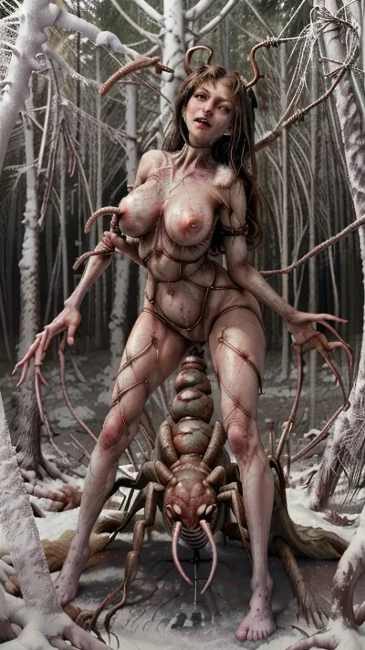 In a snowy forest during winter, the protagonist is bound and naked, with big breasts and big ass. They are naked and wet, with big breasts and big ass. The parasite is active snowing, with snow on their skin. The camera