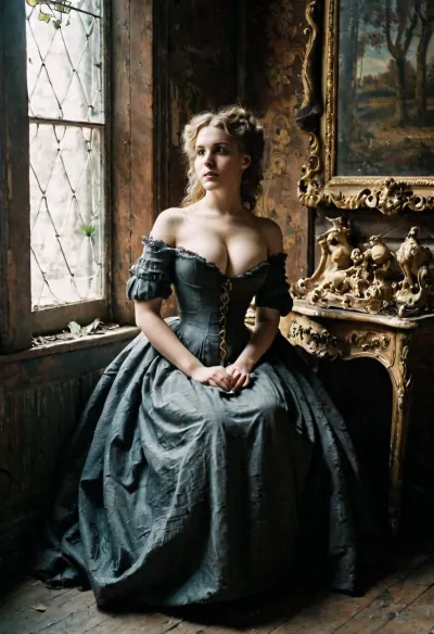 Das sultry aristocrat Modell, gekleidet in einem Vintage Rococo Kleid, saß mit Beinen weit auseinander auf einem schmutzigen gerissenen Kleid bedeckt Hintergrund. Sie hatte perfekte Brust und eine 18 Generation alte Kamera. Die Atmosphäre war intensiv und die Atmosphäre war voller Körper