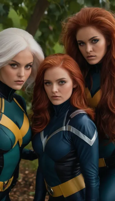 (three girls), (rogue hair, x-men rogue uniform), (redhead, x-men jean grey uniform), (white hair, x-men storm), (pubic hair:1.8)