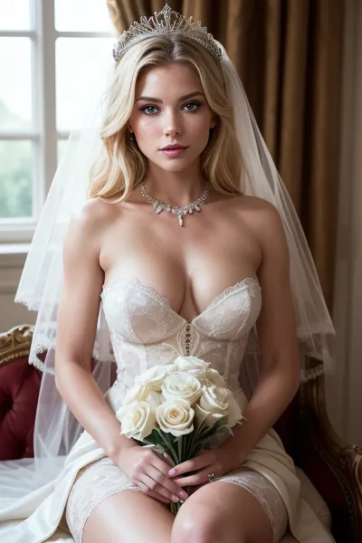 In the 19th century, a young woman named Emily sat in her luxurious wedding dress with diamonds and sapphires. She had a perfect face, chiaroscuro, warm lightning, and brown detailed eyes. Her lascivious air made her